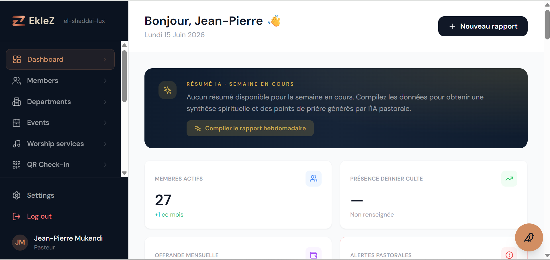 Eklez dashboard: church overview (active members, attendance, summary)