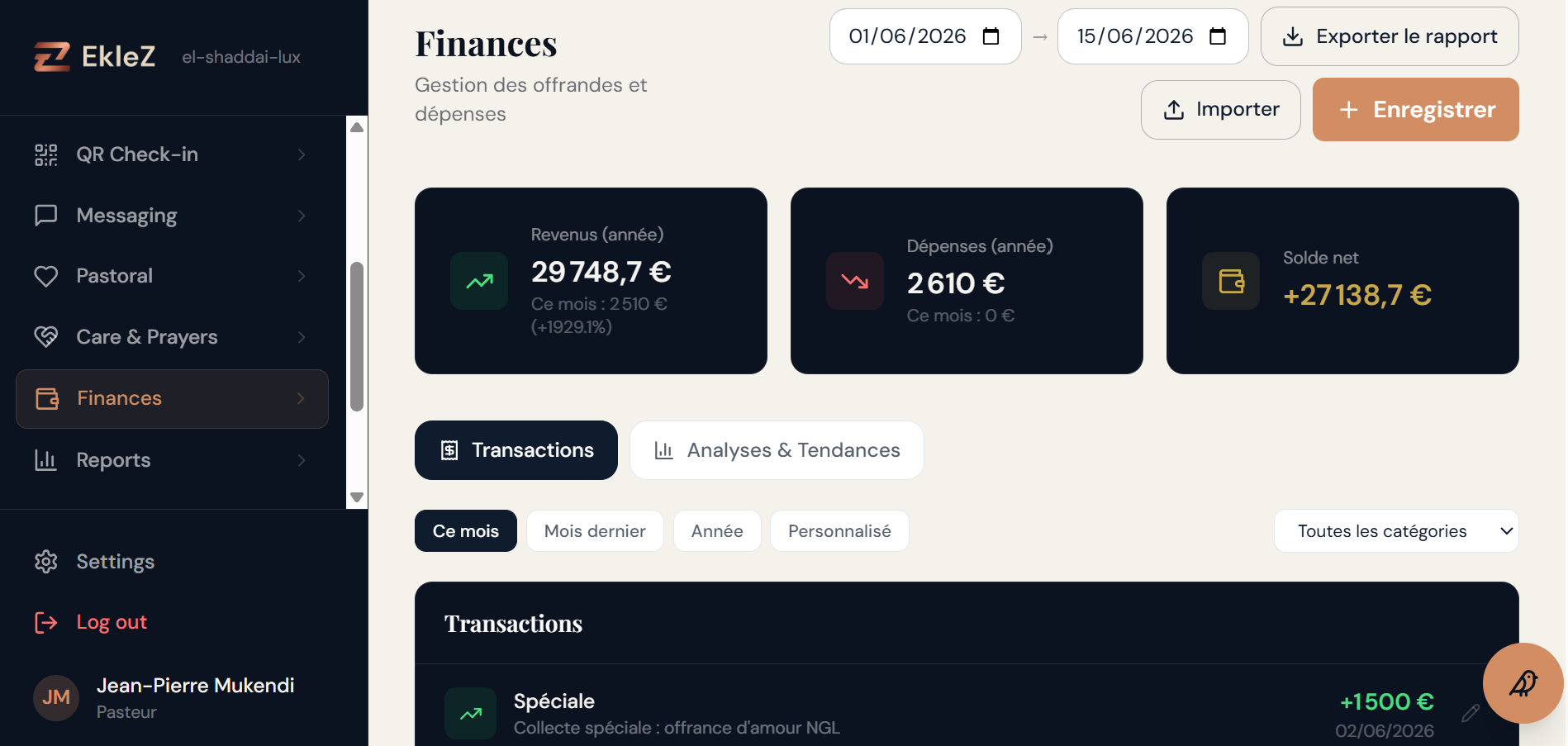 Finances: income, expenses and net balance of the church
