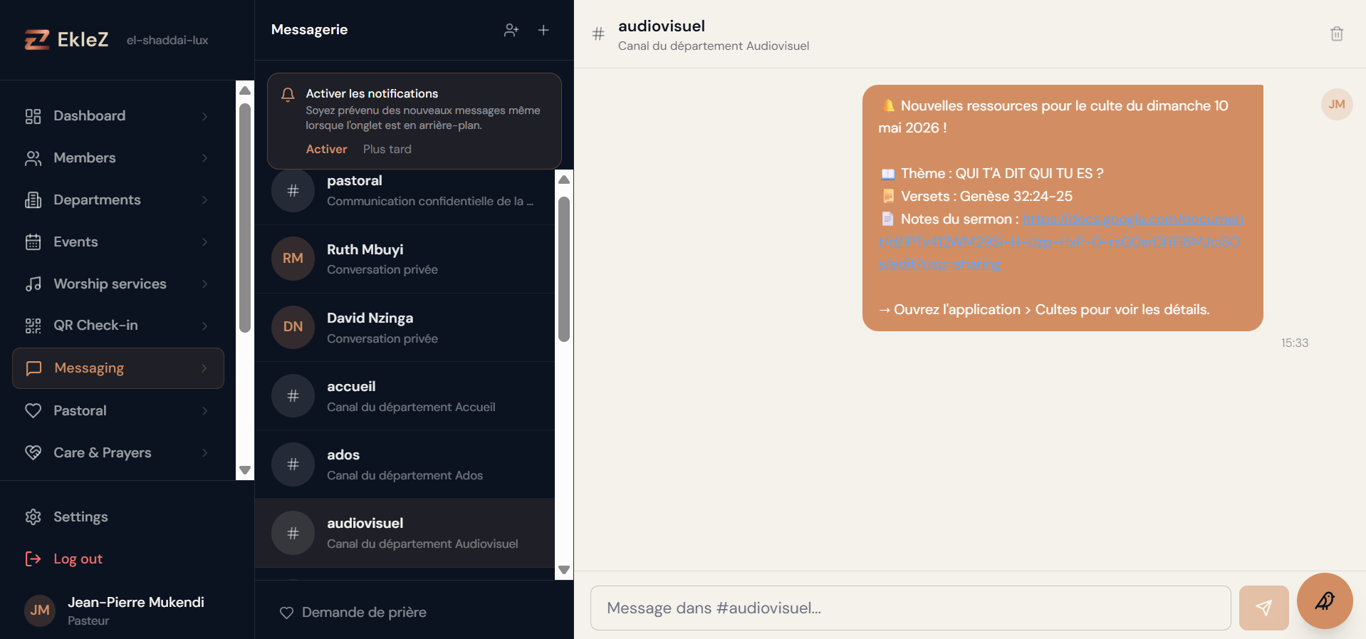 Internal messaging organized by department channels
