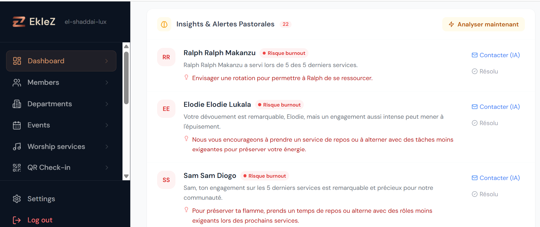 Pastoral insights and alerts: burnout risk detected