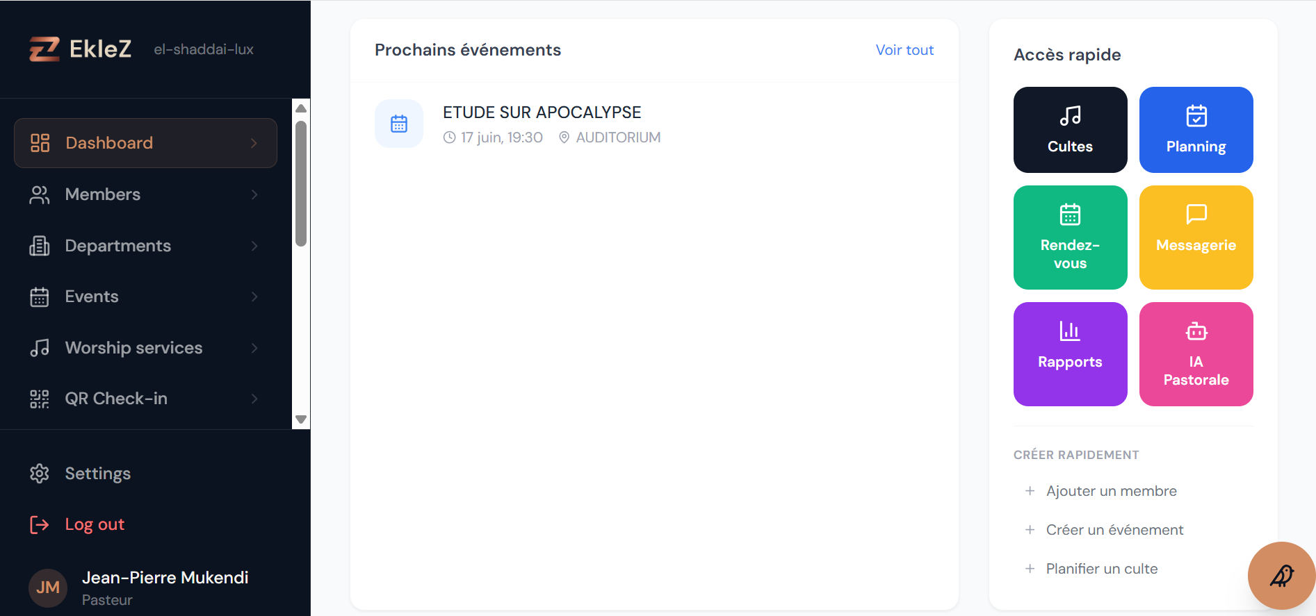 Eklez dashboard: upcoming events and quick access